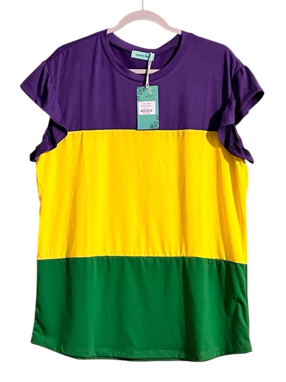 Sunshine and Rodeos Color-block Short Sleeve Tee Shirt Purple, Yellow & Green